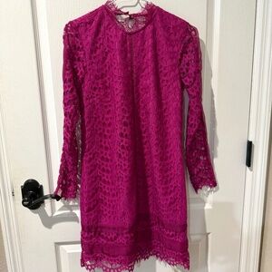 Anthropologie Adelyn Rae trending Hot Pink Lace Long Sleeve Shift Dress